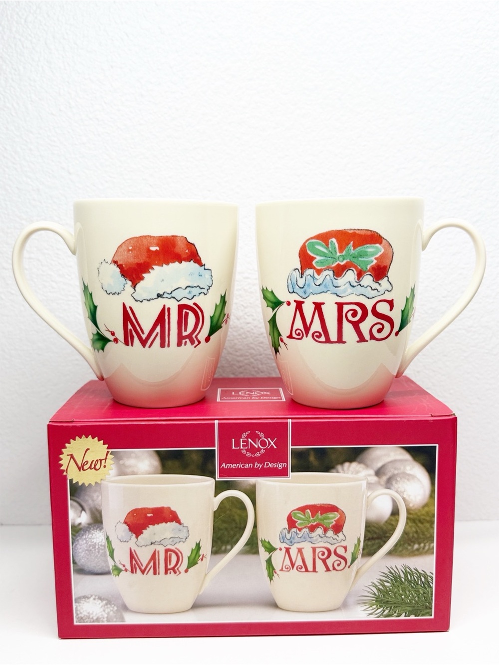 NEW Lenox Mr Mrs Christmas 14 oz Ceramic Mugs
